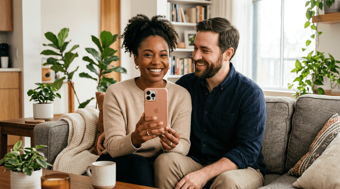 Happy couple using phone